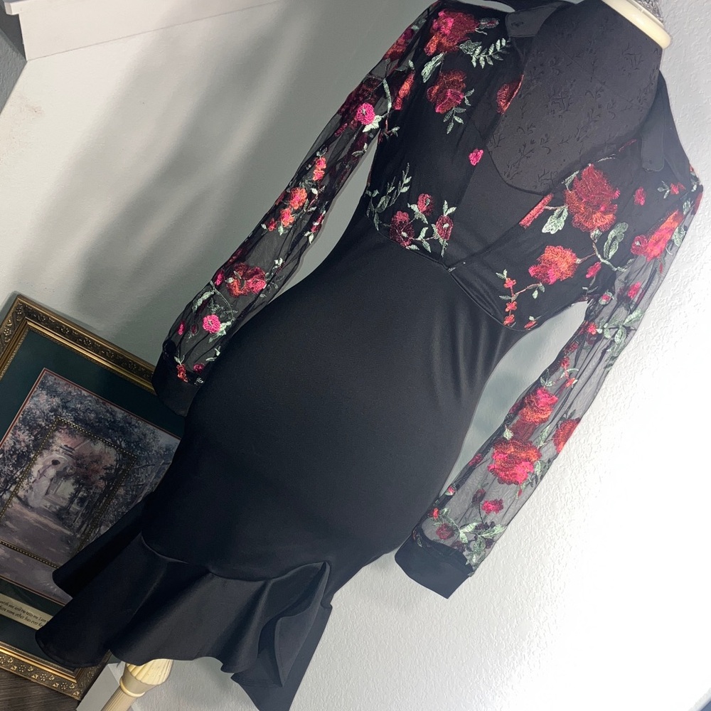 CBR Elegant Black Dress with Sheer Floral Sleeves